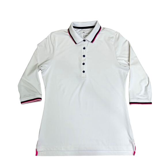 Peter MIllar White 1/4 Button Elbow Sleeve Polo Shirt Pink Blue Striped Trim - Picture 1 of 8